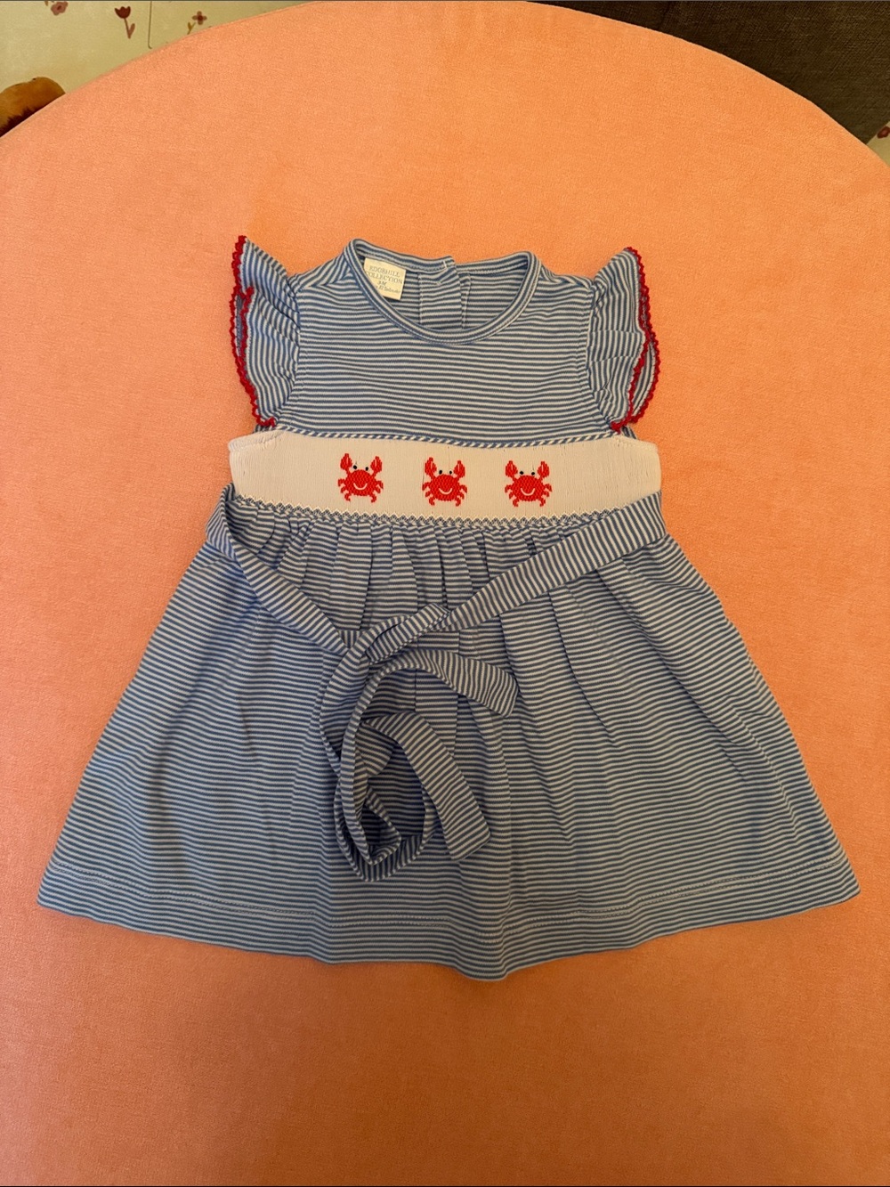 Edgehill Collection Blue & White Striped Top with Red Crab Smocking